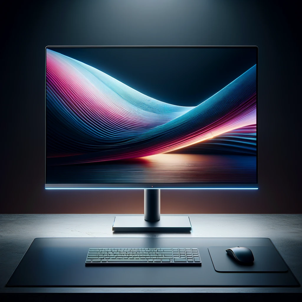 Dall·e 2024 03 02 17.07.47 a modern, sleek computer monitor on a minimalist desk. the monitor has a slim design with a narrow bezel, showcasing a vibrant and sharp display. it s