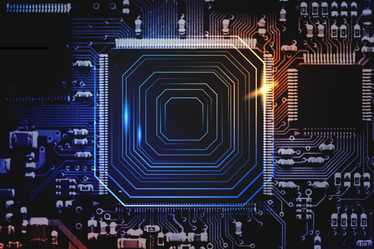 Smart microchip background on a motherboard closeup technology